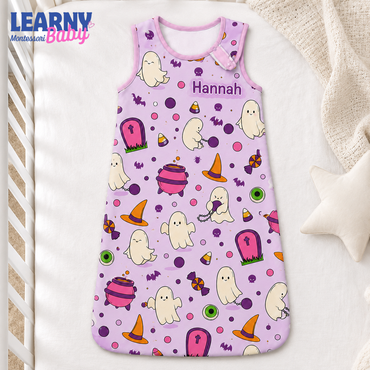 Personalized Purple Halloween Bamboo Sleep Bag, Custom Name Cute Ghost Baby Wearable Blanket, Baby Girl Halloween Sleep Sack