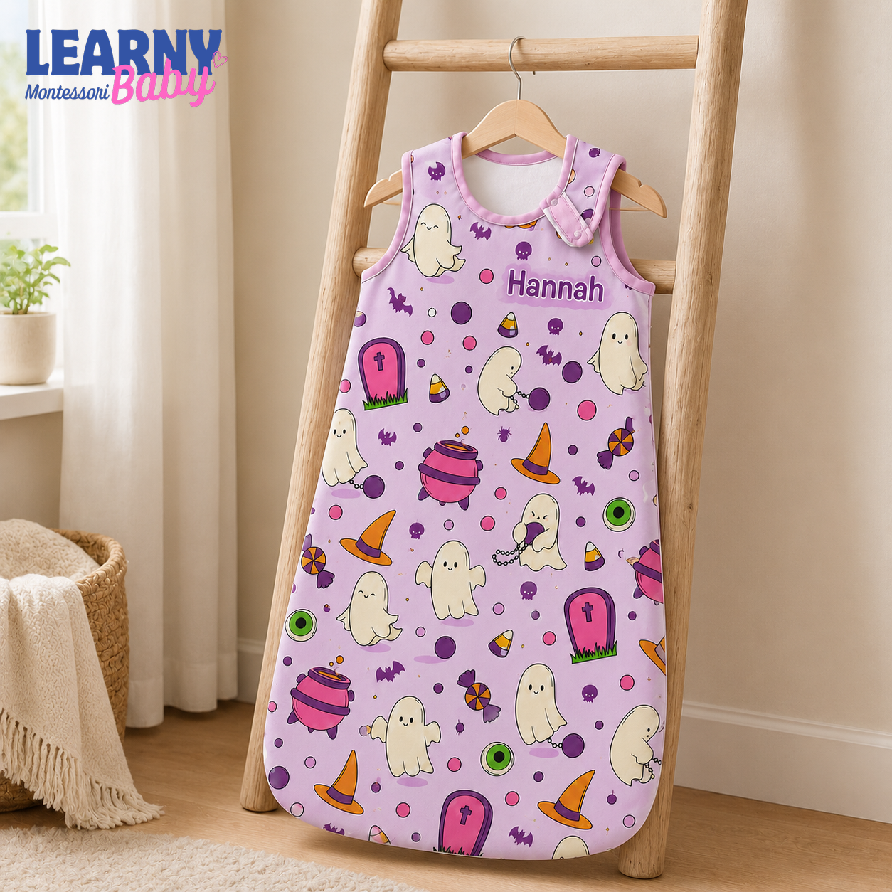 Personalized Purple Halloween Bamboo Sleep Bag, Custom Name Cute Ghost Baby Wearable Blanket, Baby Girl Halloween Sleep Sack