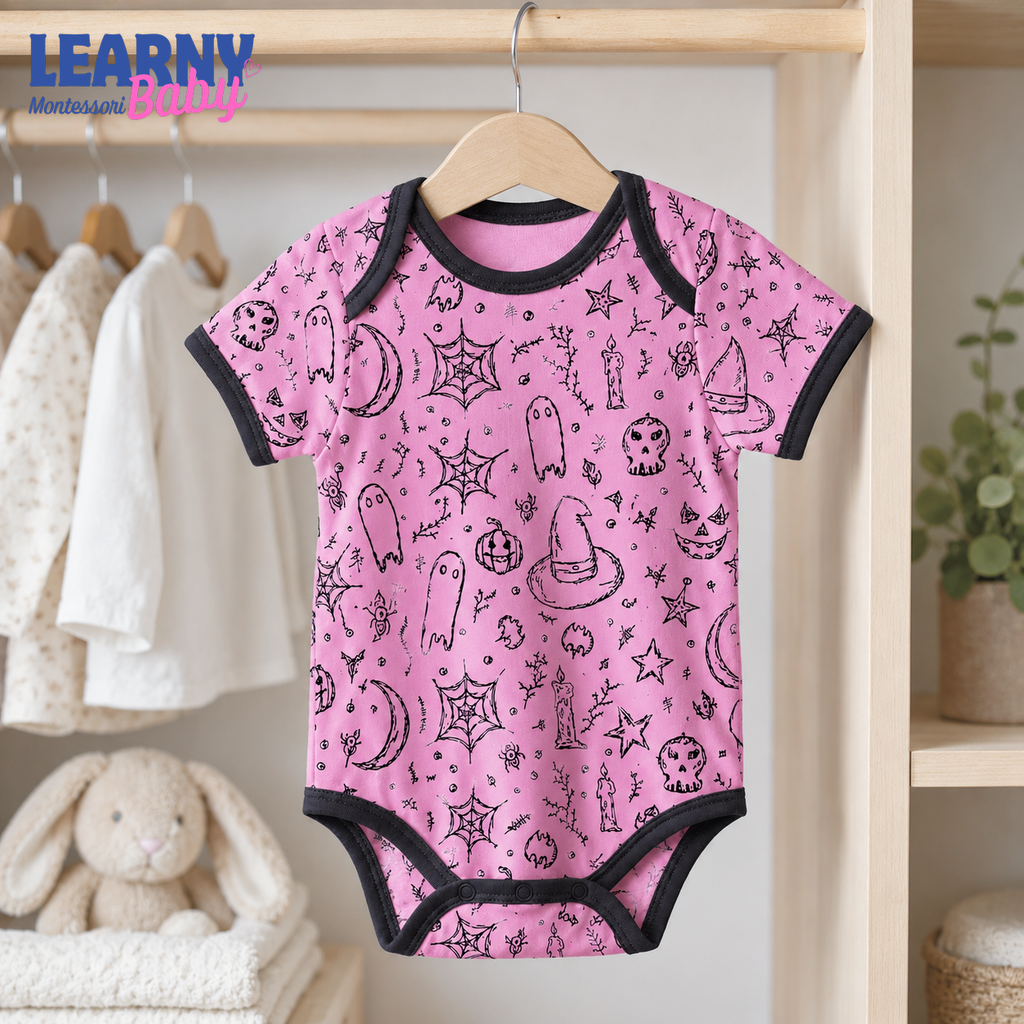 Baby’s First Halloween Pink Spooky Baby Bodysuit – Witch and Ghost Newborn Outfit