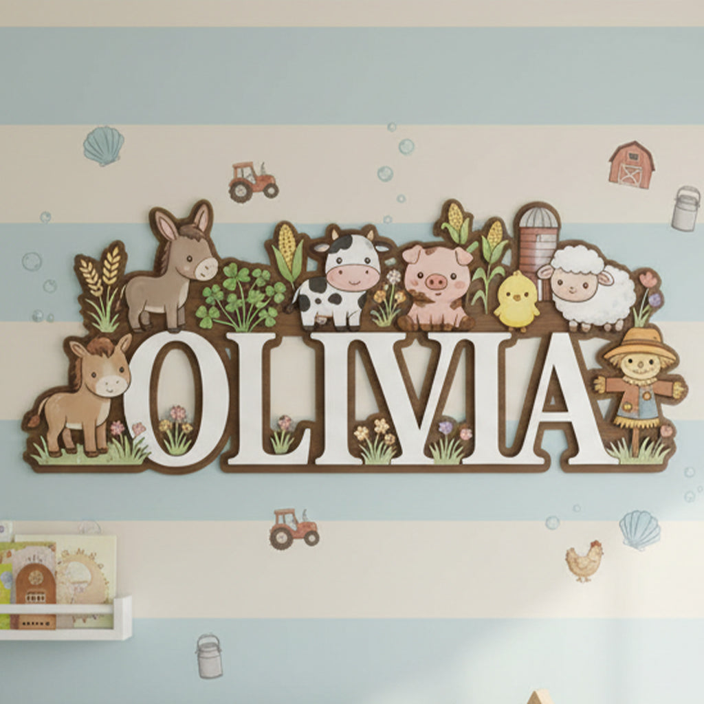 Wooden Name Sign for Nursery, Farm Animal Personalized Name Sign, Custom Baby Name Sign, Nursery Name Sign