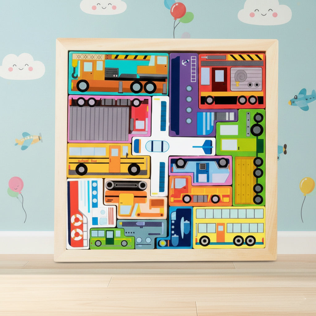 3D Wooden Tetris Puzzle Toy for Kids – Animal & Vehicle Shape Puzzle, Montessori Educational Toy