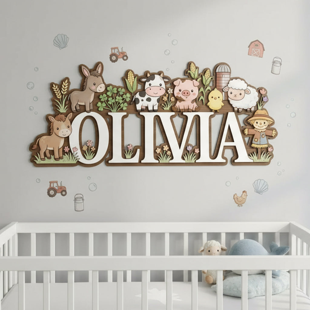 Wooden Name Sign for Nursery, Farm Animal Personalized Name Sign, Custom Baby Name Sign, Nursery Name Sign