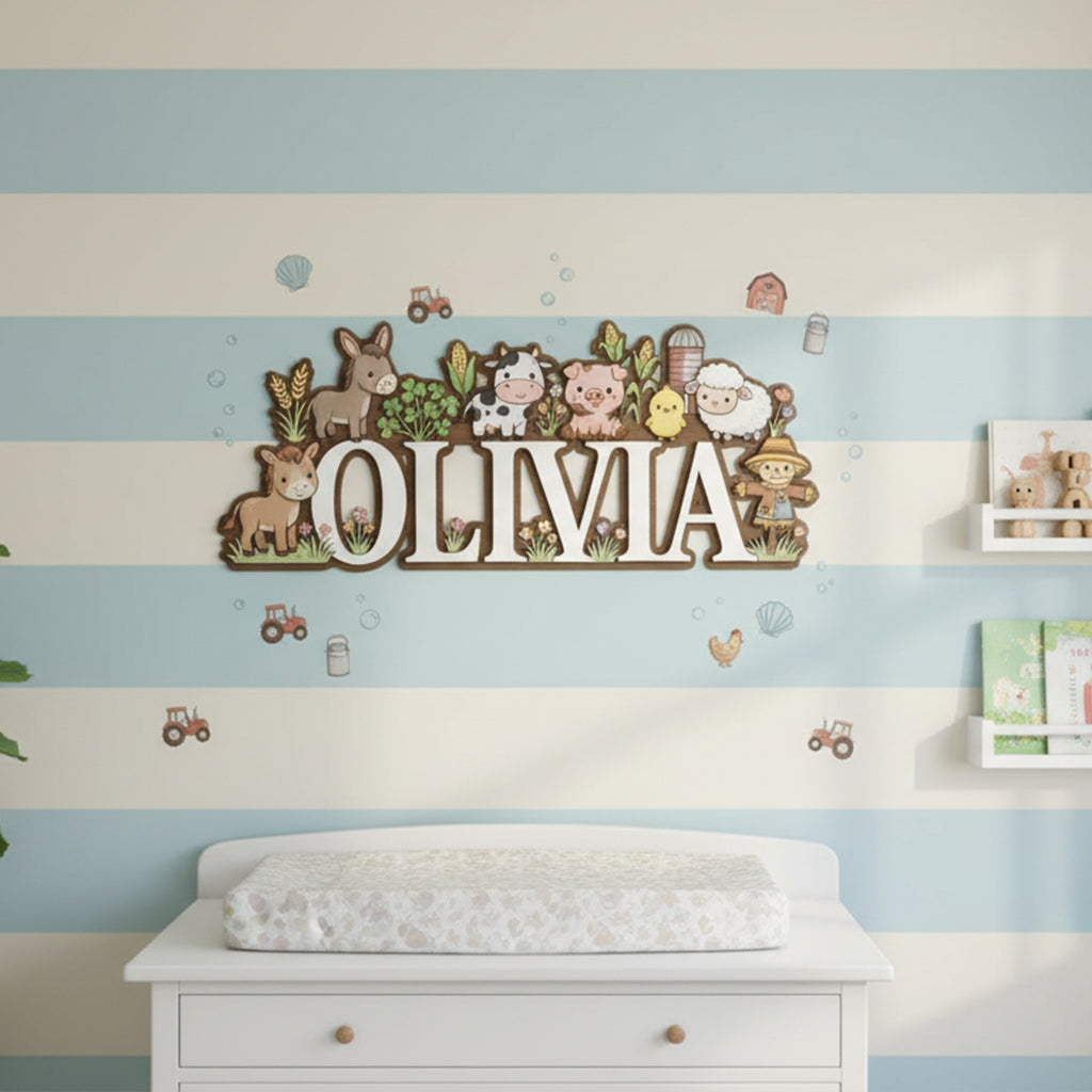Wooden Name Sign for Nursery, Farm Animal Personalized Name Sign, Custom Baby Name Sign, Nursery Name Sign