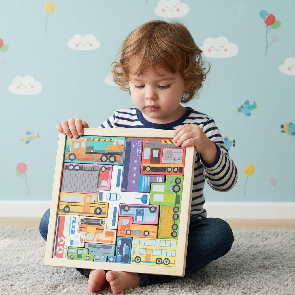 3D Wooden Tetris Puzzle Toy for Kids – Animal & Vehicle Shape Puzzle, Montessori Educational Toy