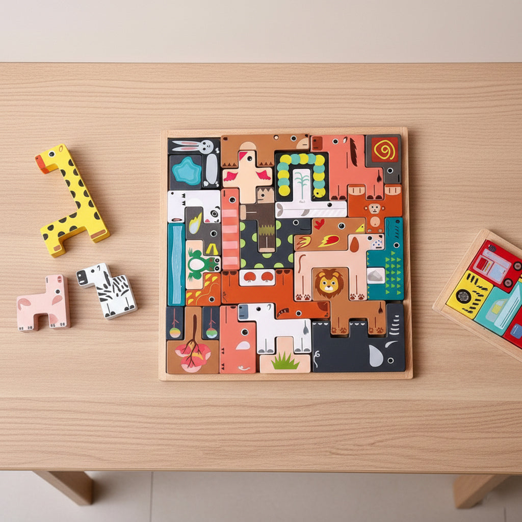 3D Wooden Tetris Puzzle Toy for Kids – Animal & Vehicle Shape Puzzle, Montessori Educational Toy