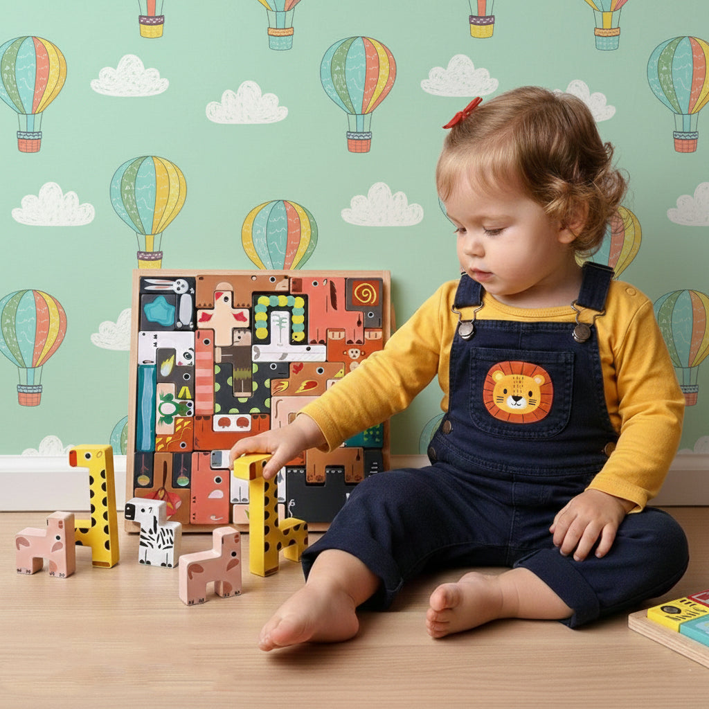 3D Wooden Tetris Puzzle Toy for Kids – Animal & Vehicle Shape Puzzle, Montessori Educational Toy