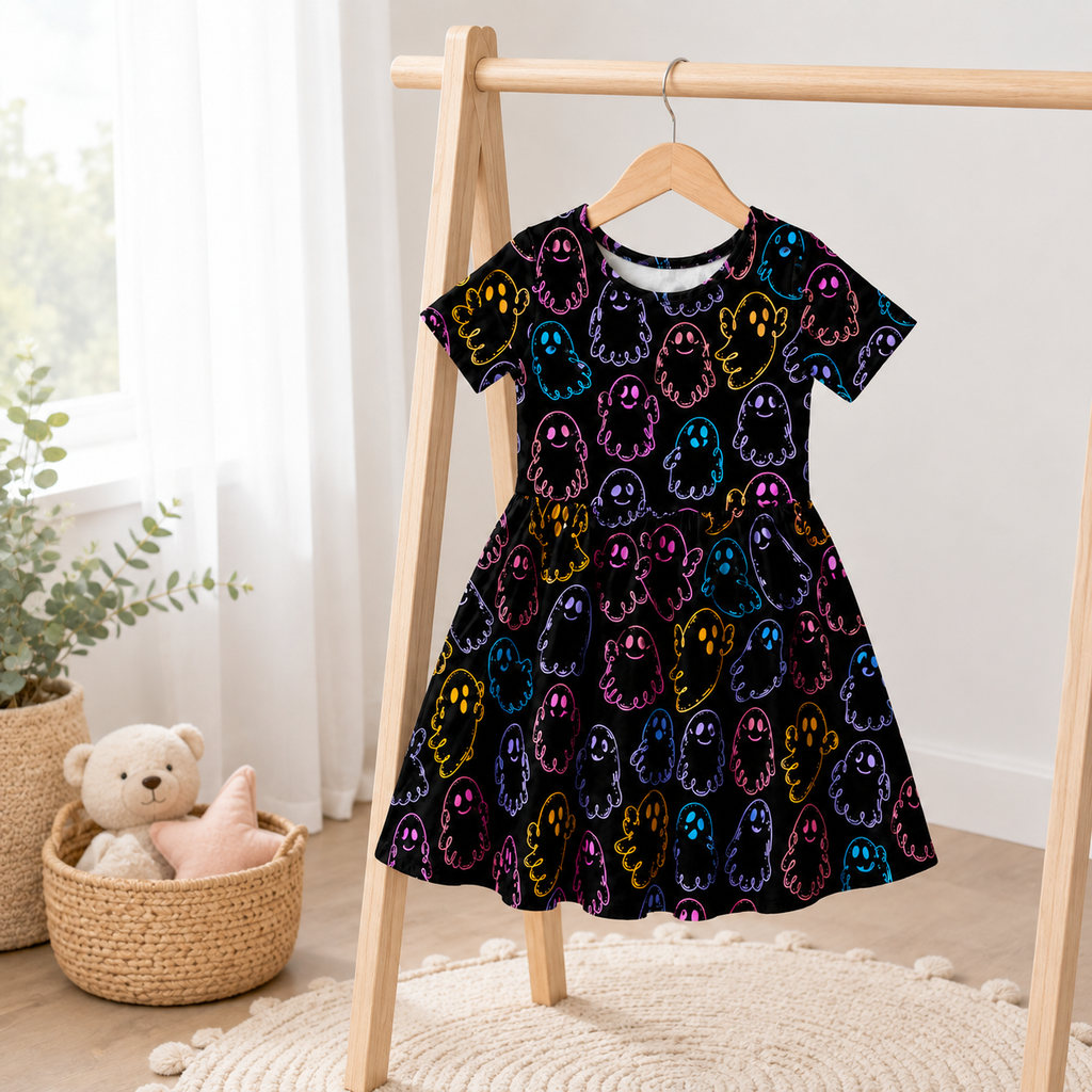 Colorful Ghost Halloween Bamboo Twirl Dress for Girls – Toddler Fall Spooky Outfit