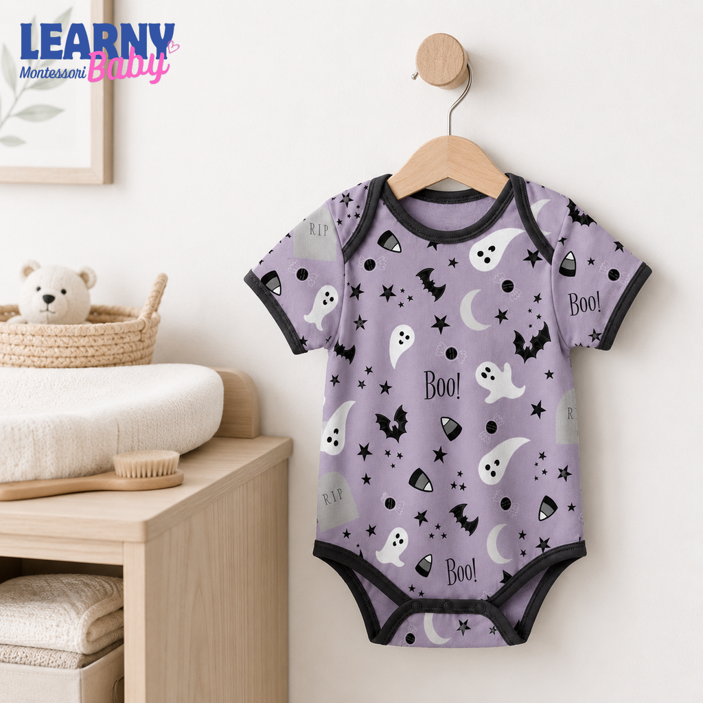Baby’s First Halloween Purple Boo Baby Bodysuit – Ghost and Bat Infant Outfit