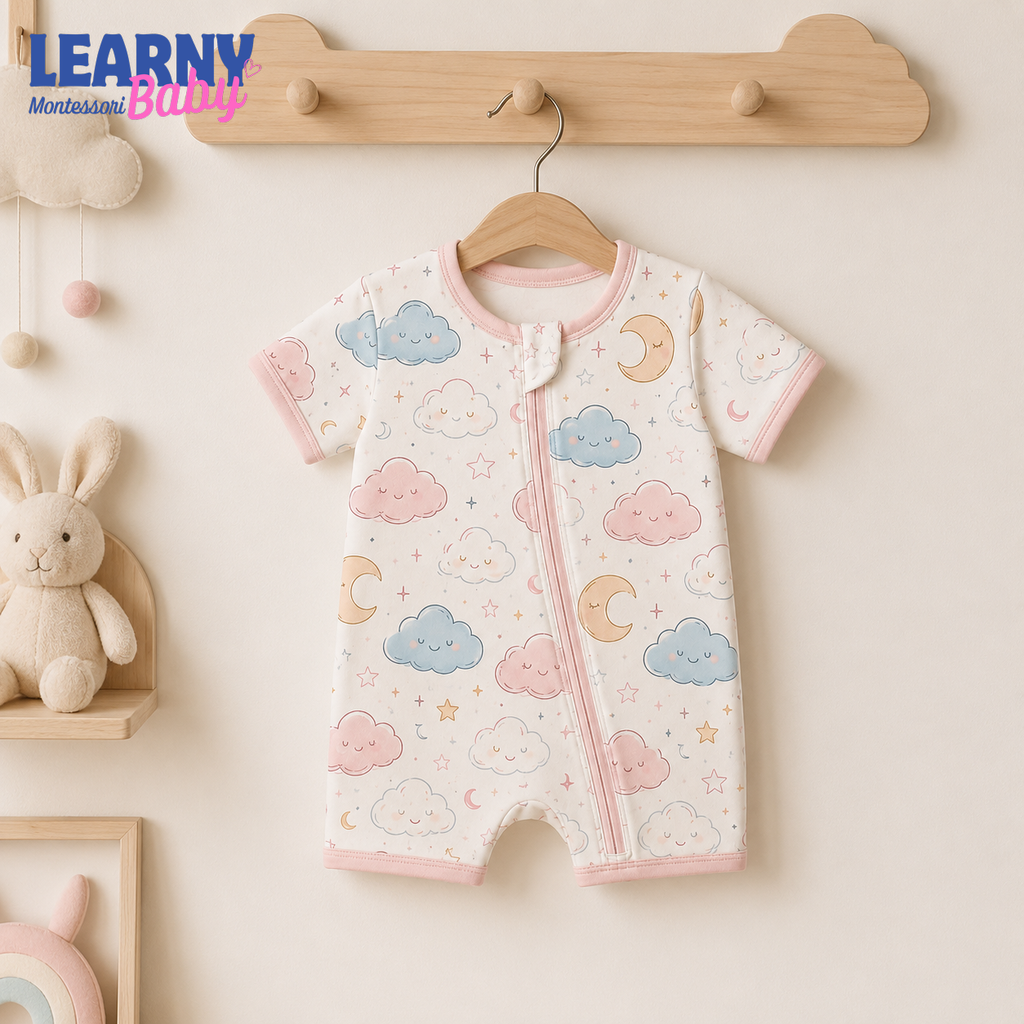 Pastel Cloud and Moon Baby Convertible Zippy Pajamas, Celestial Baby Sleeper, Newborn Pajamas, Baby Sleepwear