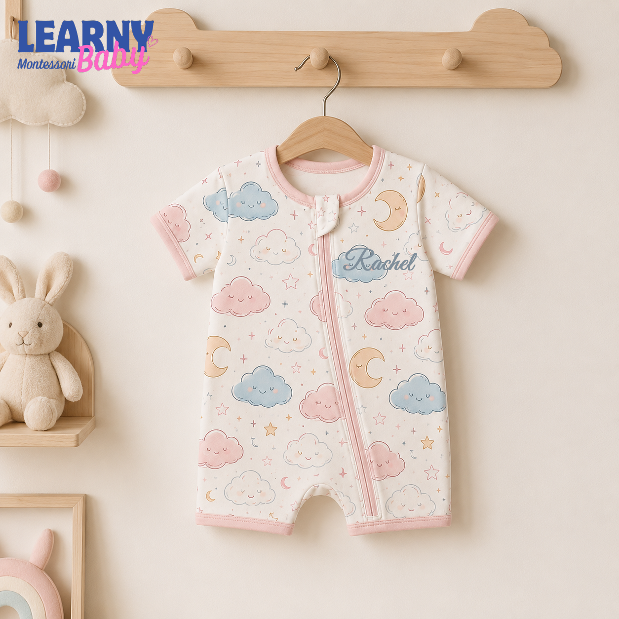 Pastel Cloud and Moon Baby Convertible Zippy Pajamas, Celestial Baby Sleeper, Newborn Pajamas, Baby Sleepwear