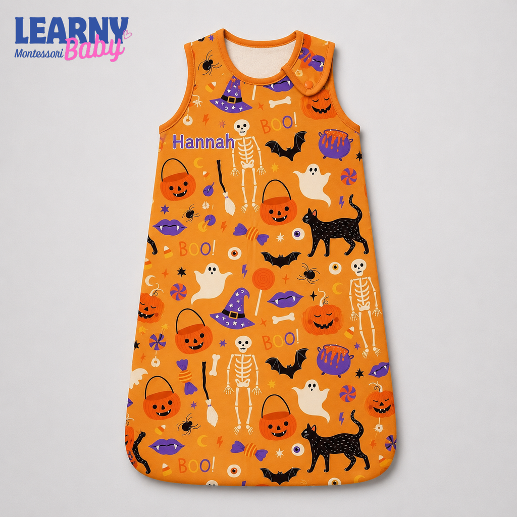 Personalized Orange Halloween Bamboo Sleep Bag, Custom Name Pumpkin Skeleton Cat Baby Wearable Blanket, Halloween Sleep Sack