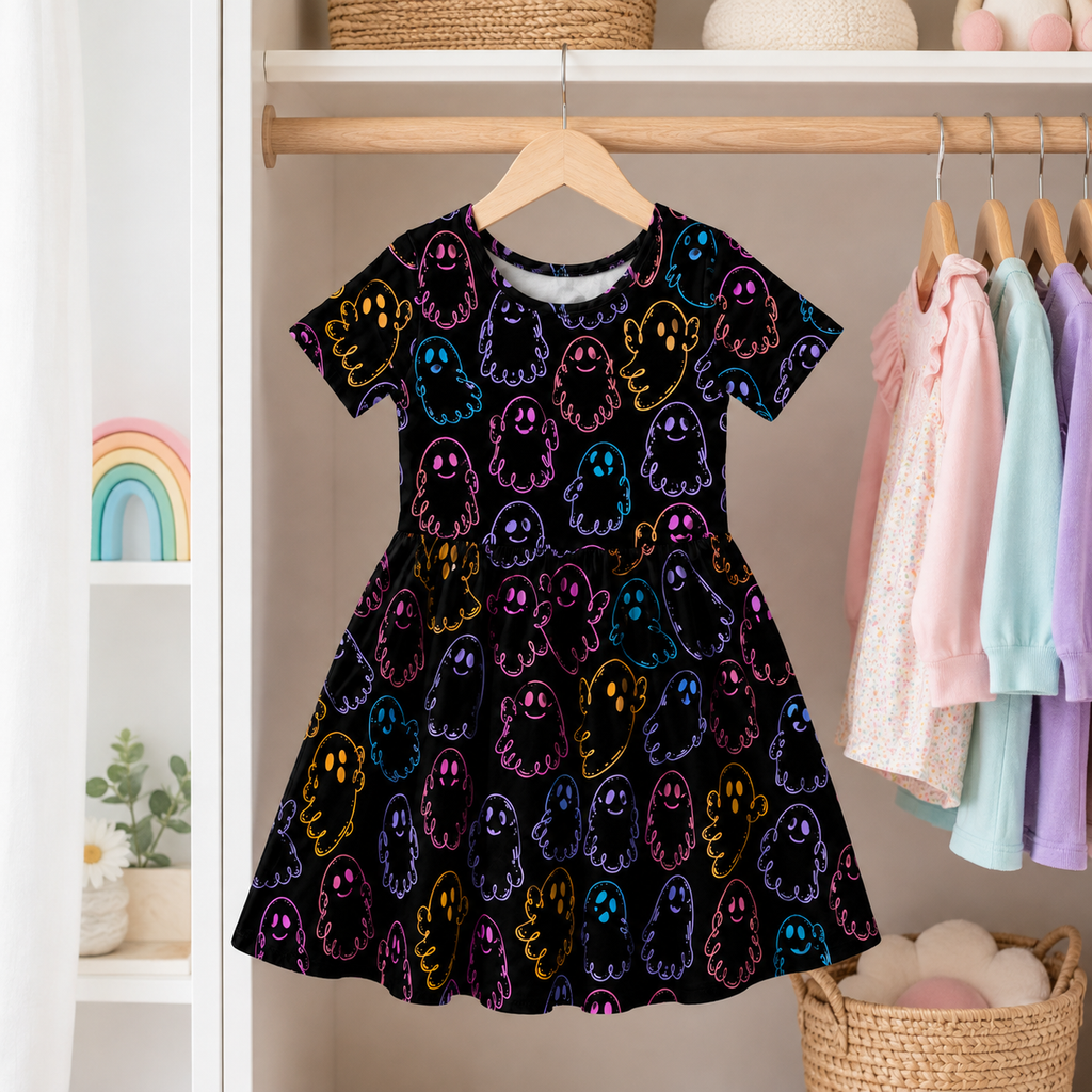 Colorful Ghost Halloween Bamboo Twirl Dress for Girls – Toddler Fall Spooky Outfit