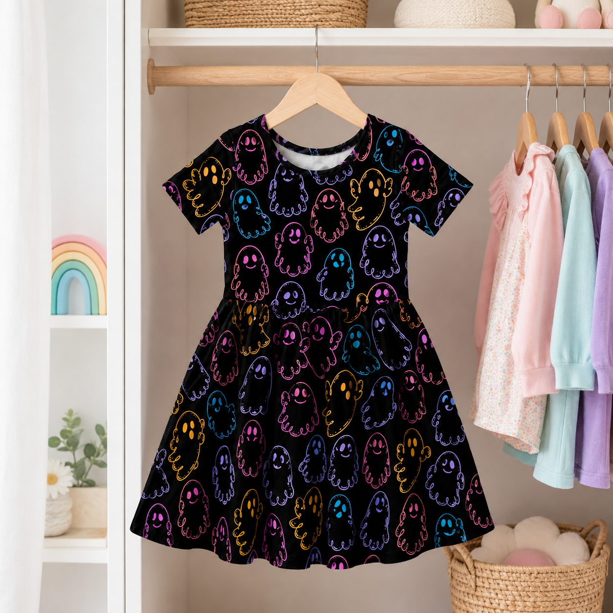 Colorful Ghost Halloween Bamboo Twirl Dress for Girls – Toddler Fall Spooky Outfit