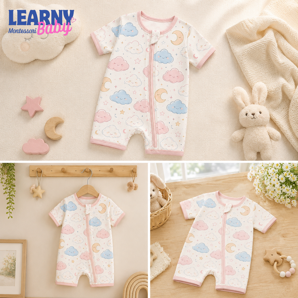 Pastel Cloud and Moon Baby Convertible Zippy Pajamas, Celestial Baby Sleeper, Newborn Pajamas, Baby Sleepwear