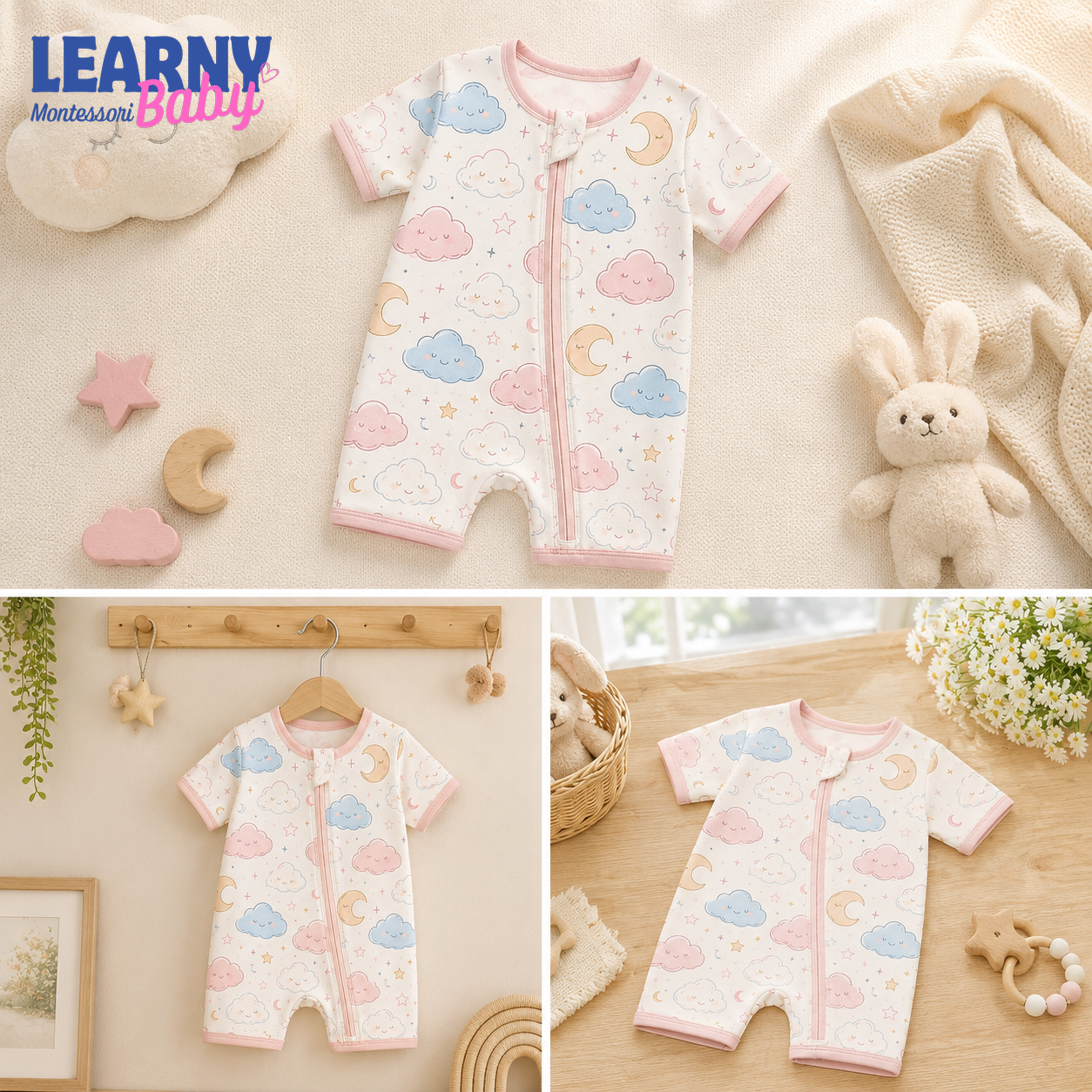 Pastel Cloud and Moon Baby Convertible Zippy Pajamas, Celestial Baby Sleeper, Newborn Pajamas, Baby Sleepwear