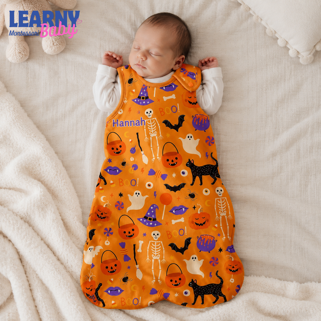 Personalized Orange Halloween Bamboo Sleep Bag, Custom Name Pumpkin Skeleton Cat Baby Wearable Blanket, Halloween Sleep Sack