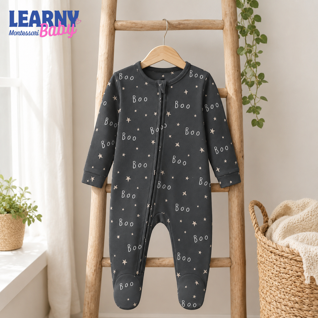 Black Boo Bamboo Baby Footie Zippy, Halloween Star Baby Pajamas, Neutral Spooky Newborn Sleeper Gift