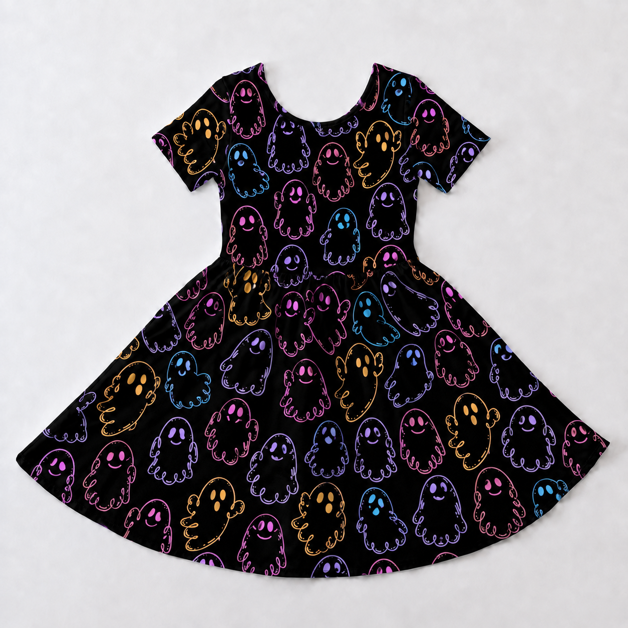 Colorful Ghost Halloween Bamboo Twirl Dress for Girls – Toddler Fall Spooky Outfit