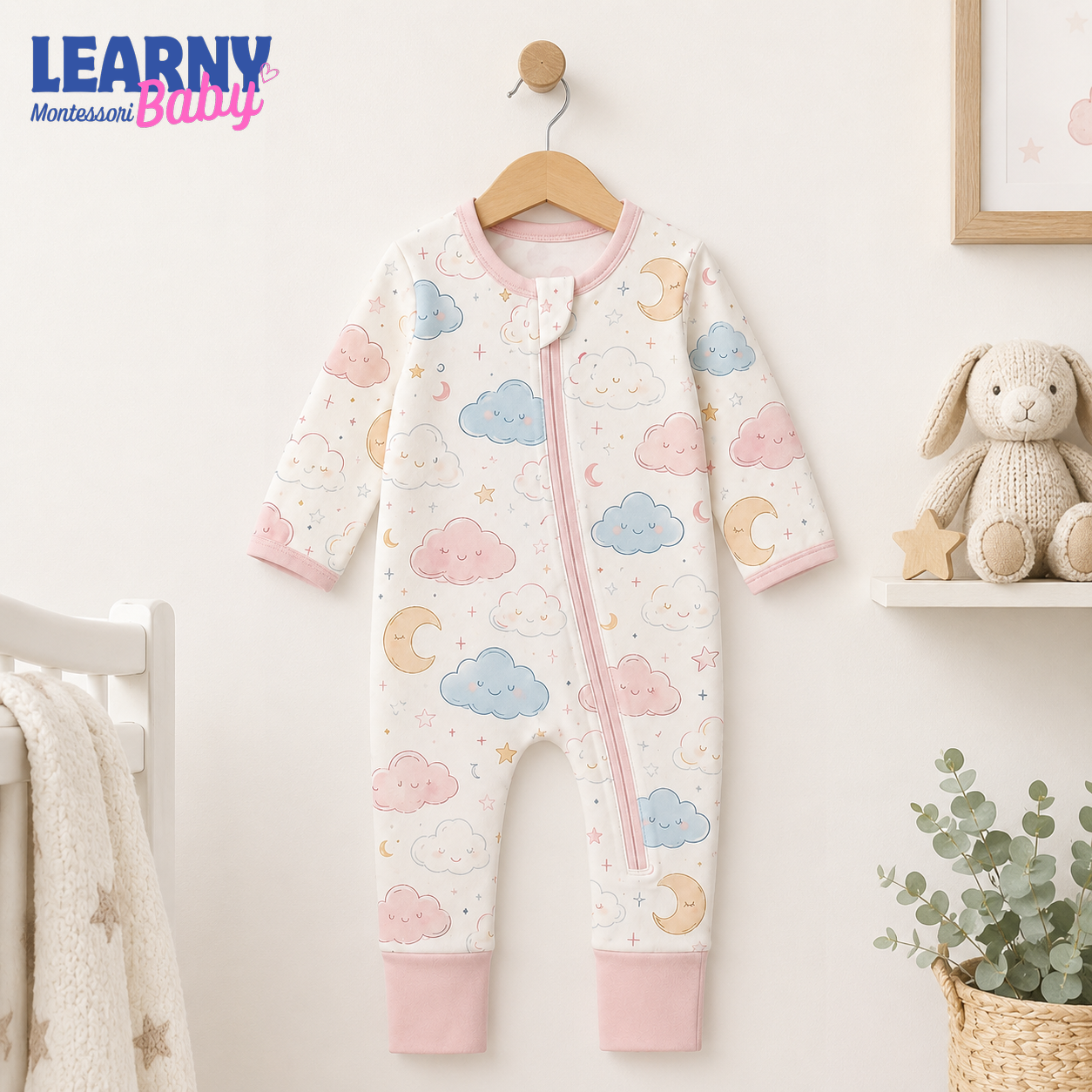 Pastel Cloud and Moon Baby Convertible Zippy Pajamas, Celestial Baby Sleeper, Newborn Pajamas, Baby Sleepwear