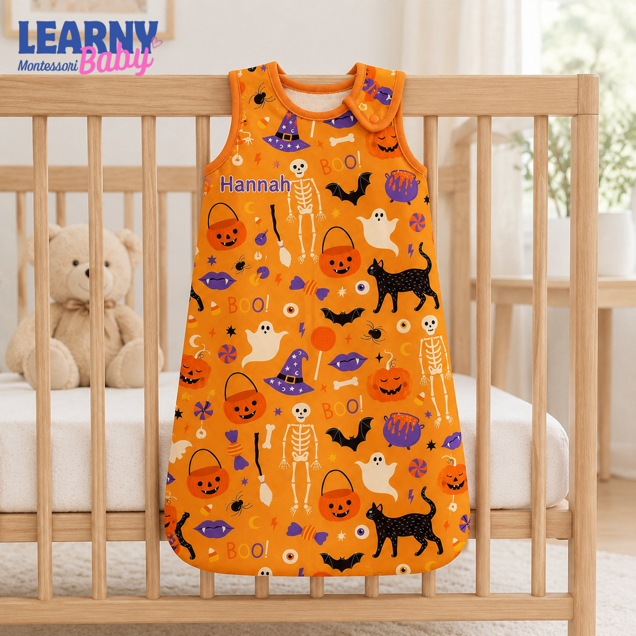 Personalized Orange Halloween Bamboo Sleep Bag, Custom Name Pumpkin Skeleton Cat Baby Wearable Blanket, Halloween Sleep Sack