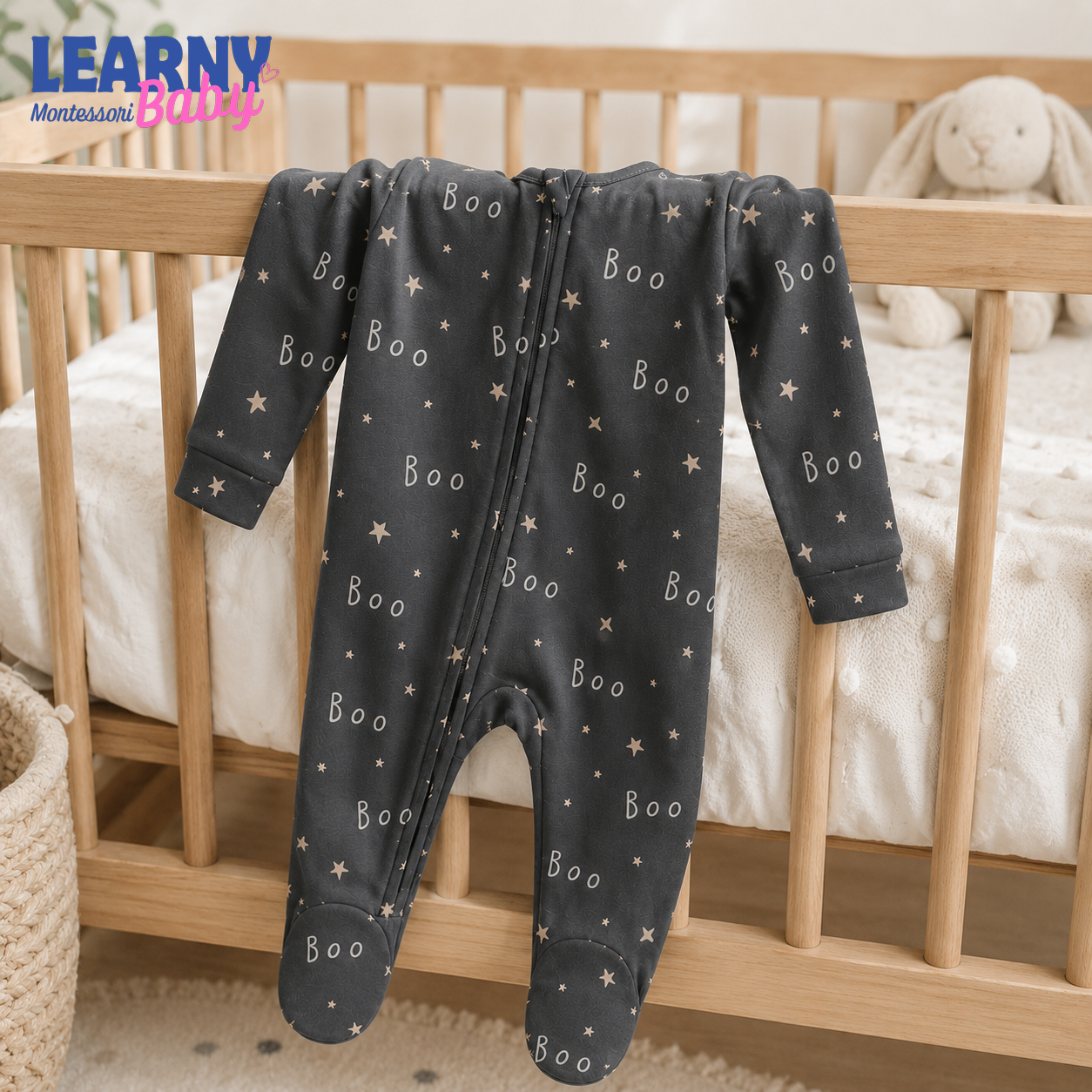 Black Boo Bamboo Baby Footie Zippy, Halloween Star Baby Pajamas, Neutral Spooky Newborn Sleeper Gift
