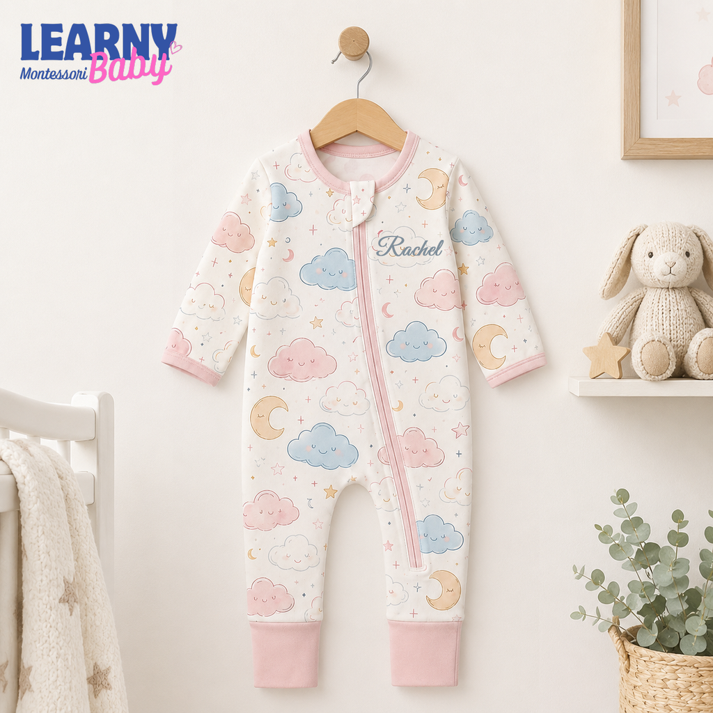 Pastel Cloud and Moon Baby Convertible Zippy Pajamas, Celestial Baby Sleeper, Newborn Pajamas, Baby Sleepwear