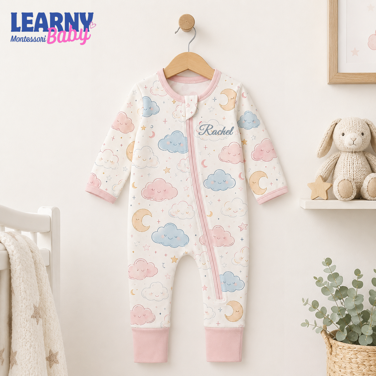 Pastel Cloud and Moon Baby Convertible Zippy Pajamas, Celestial Baby Sleeper, Newborn Pajamas, Baby Sleepwear