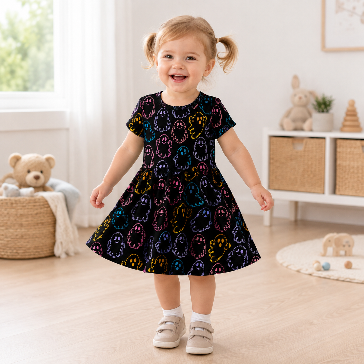 Colorful Ghost Halloween Bamboo Twirl Dress for Girls – Toddler Fall Spooky Outfit