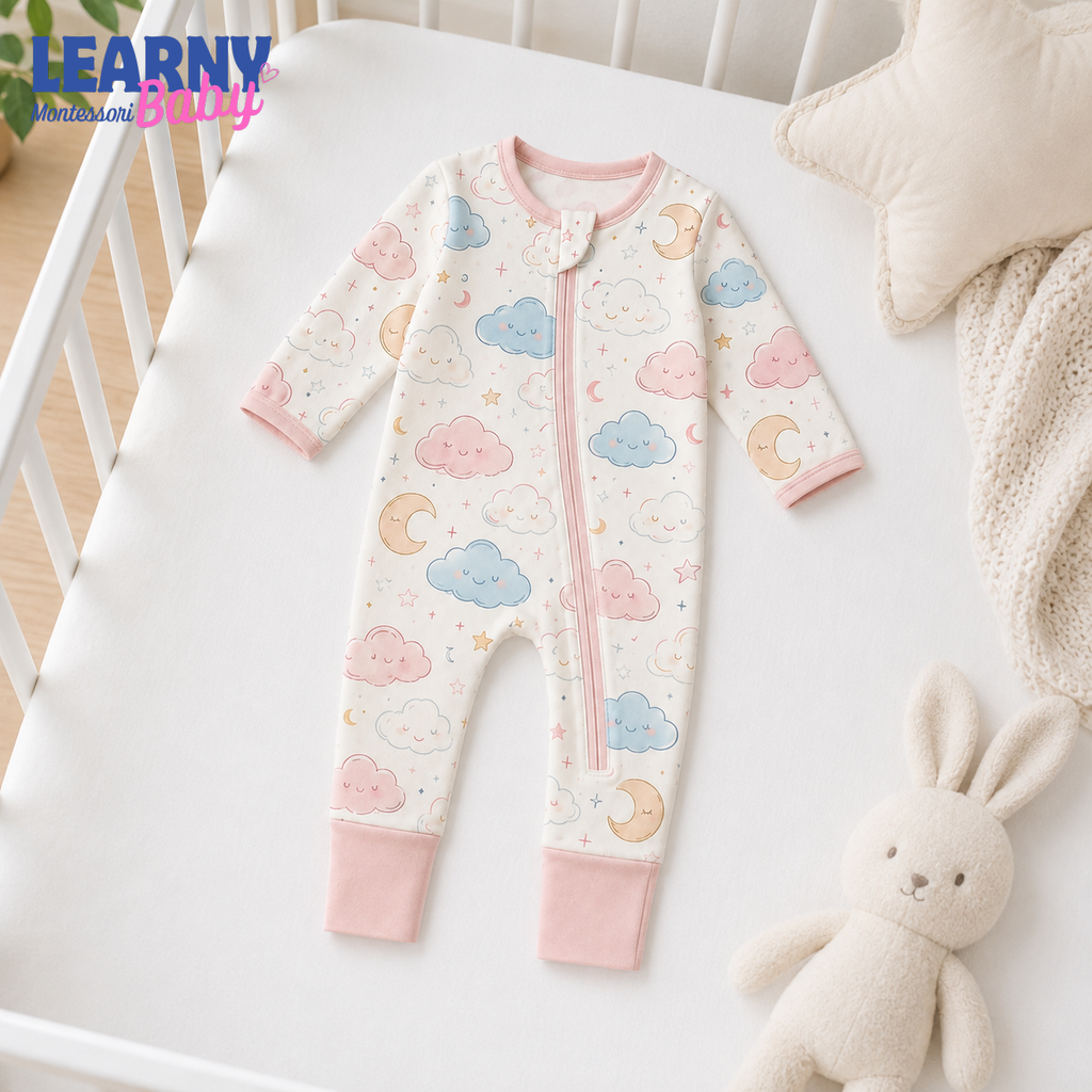 Pastel Cloud and Moon Baby Convertible Zippy Pajamas, Celestial Baby Sleeper, Newborn Pajamas, Baby Sleepwear