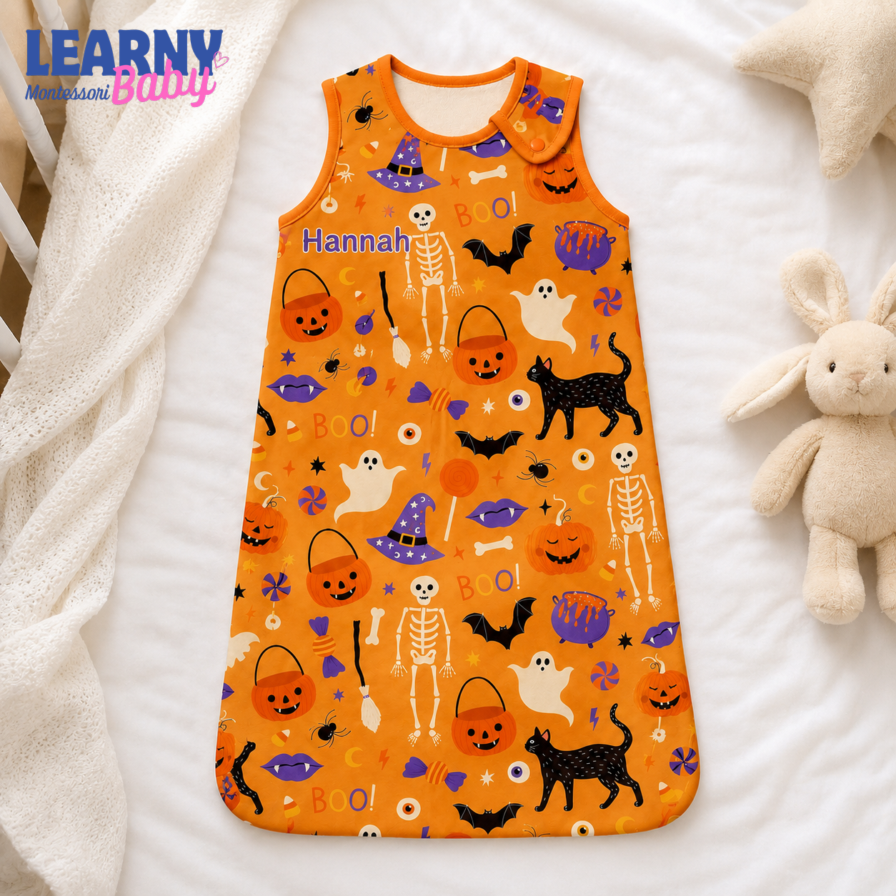 Personalized Orange Halloween Bamboo Sleep Bag, Custom Name Pumpkin Skeleton Cat Baby Wearable Blanket, Halloween Sleep Sack