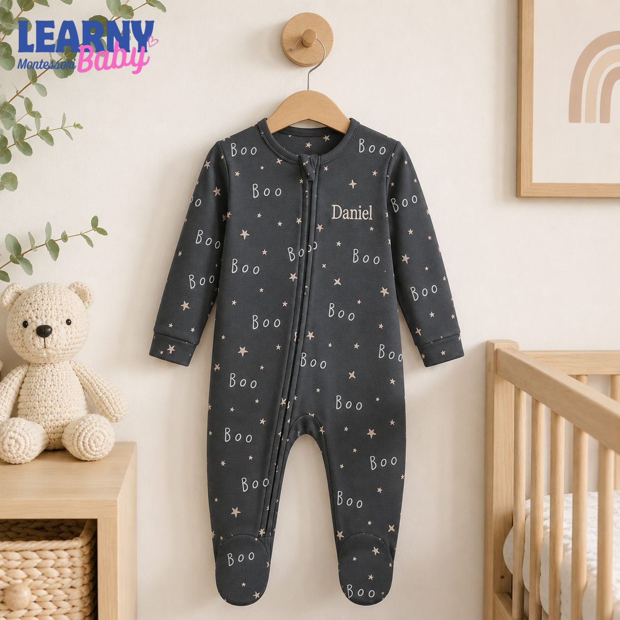 Black Boo Bamboo Baby Footie Zippy, Halloween Star Baby Pajamas, Neutral Spooky Newborn Sleeper Gift