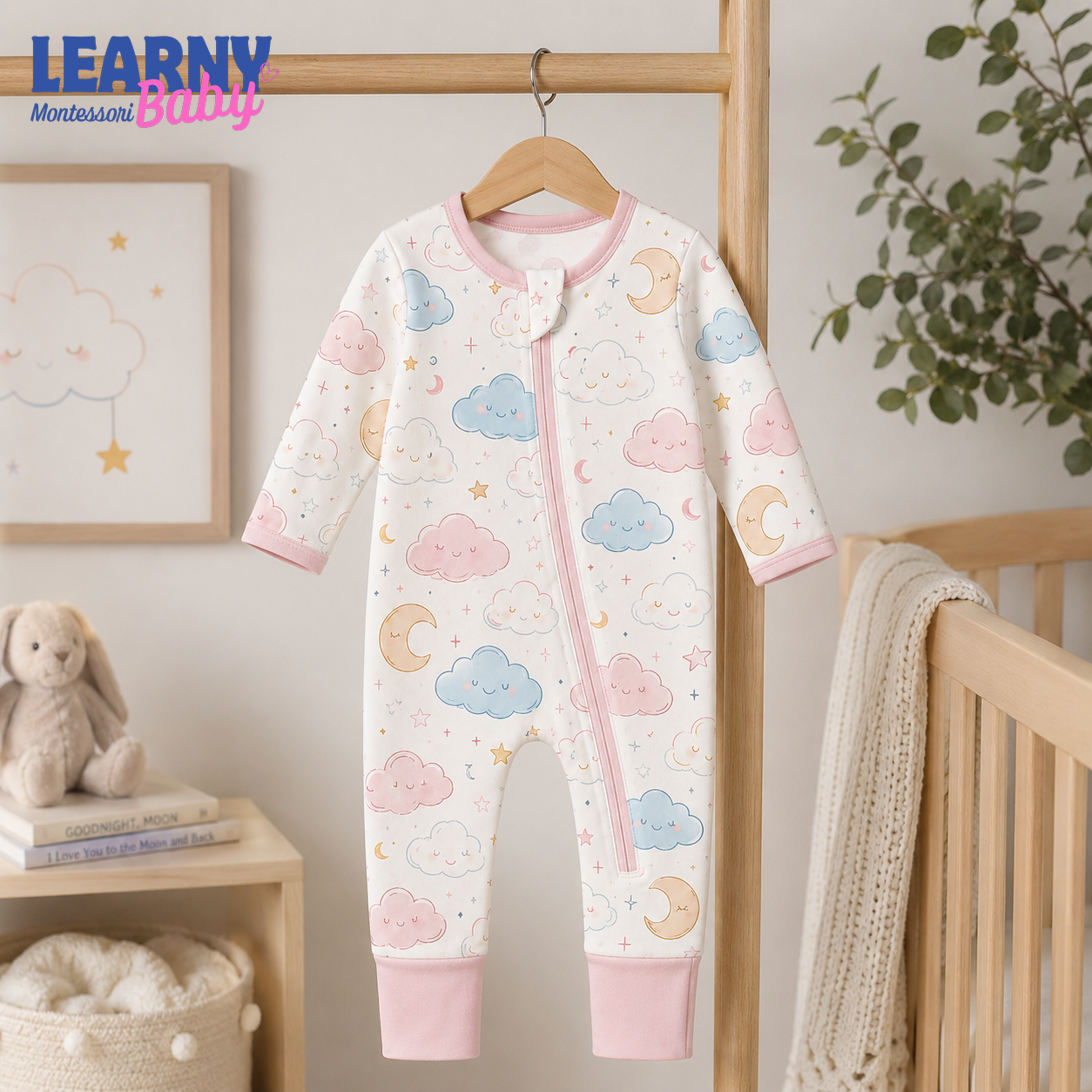 Pastel Cloud and Moon Baby Convertible Zippy Pajamas, Celestial Baby Sleeper, Newborn Pajamas, Baby Sleepwear