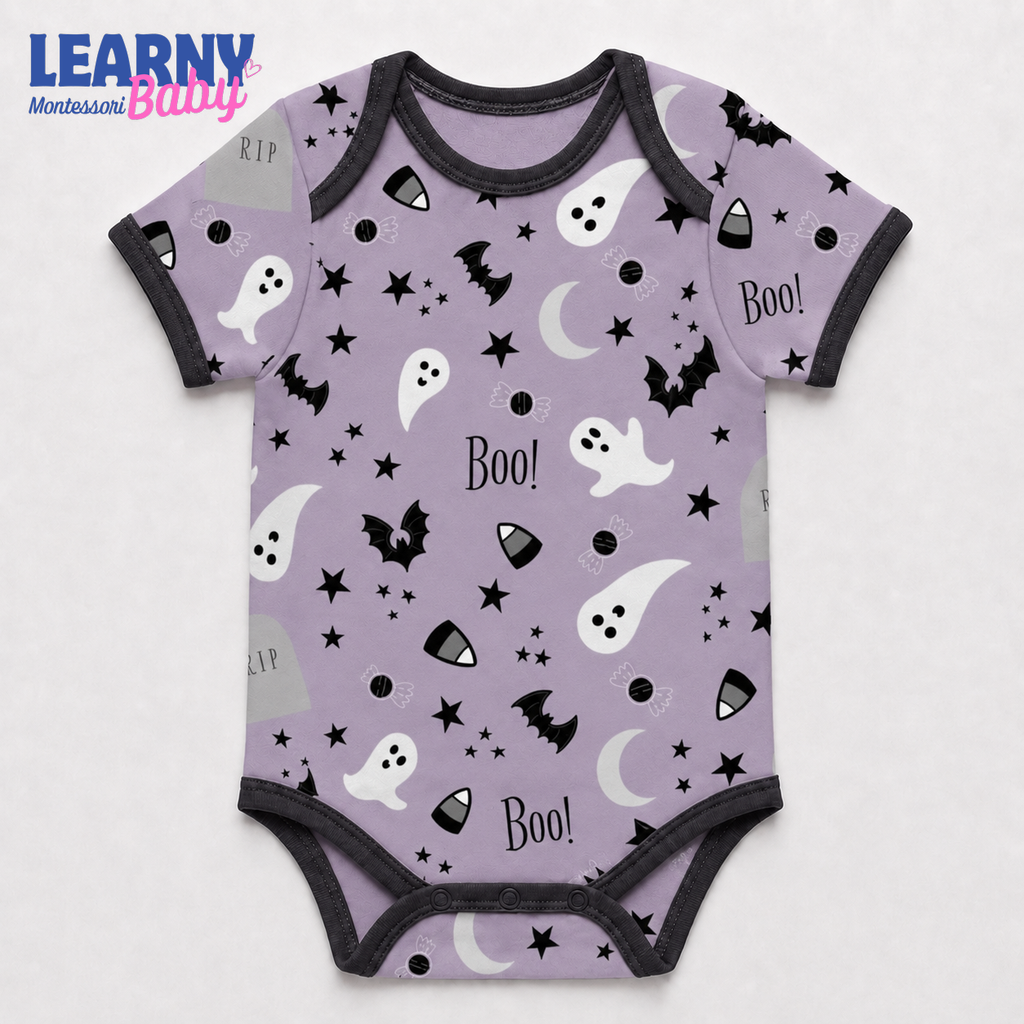 Baby’s First Halloween Purple Boo Baby Bodysuit – Ghost and Bat Infant Outfit