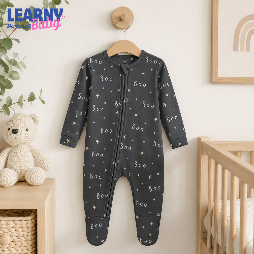 Black Boo Bamboo Baby Footie Zippy, Halloween Star Baby Pajamas, Neutral Spooky Newborn Sleeper Gift