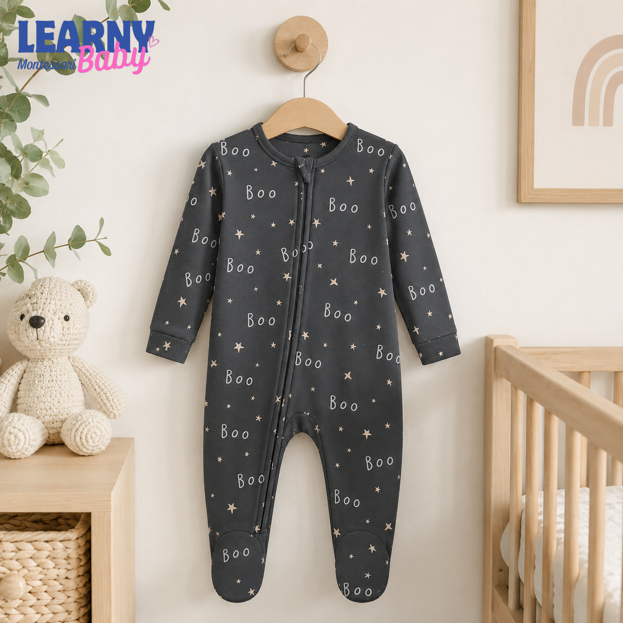 Black Boo Bamboo Baby Footie Zippy, Halloween Star Baby Pajamas, Neutral Spooky Newborn Sleeper Gift