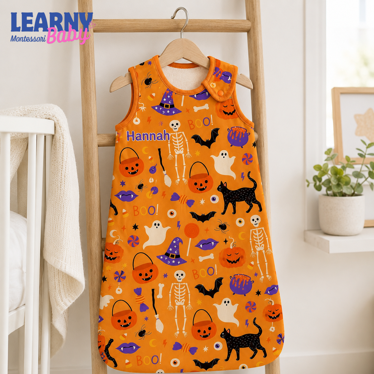 Personalized Orange Halloween Bamboo Sleep Bag, Custom Name Pumpkin Skeleton Cat Baby Wearable Blanket, Halloween Sleep Sack