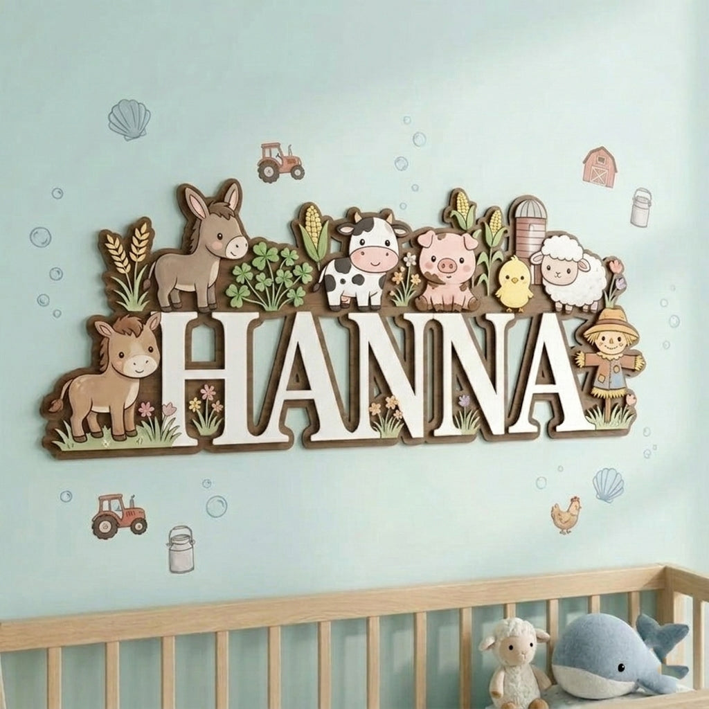 Wooden Name Sign for Nursery, Farm Animal Personalized Name Sign, Custom Baby Name Sign, Nursery Name Sign