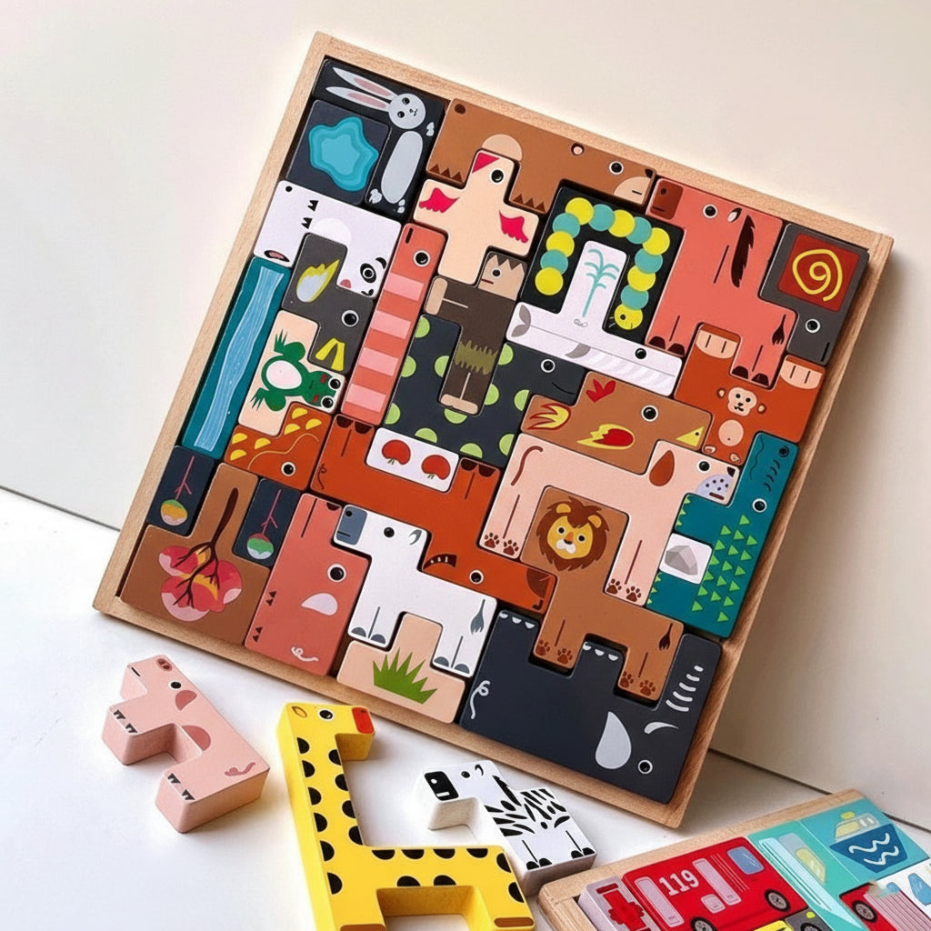 3D Wooden Tetris Puzzle Toy for Kids – Animal & Vehicle Shape Puzzle, Montessori Educational Toy