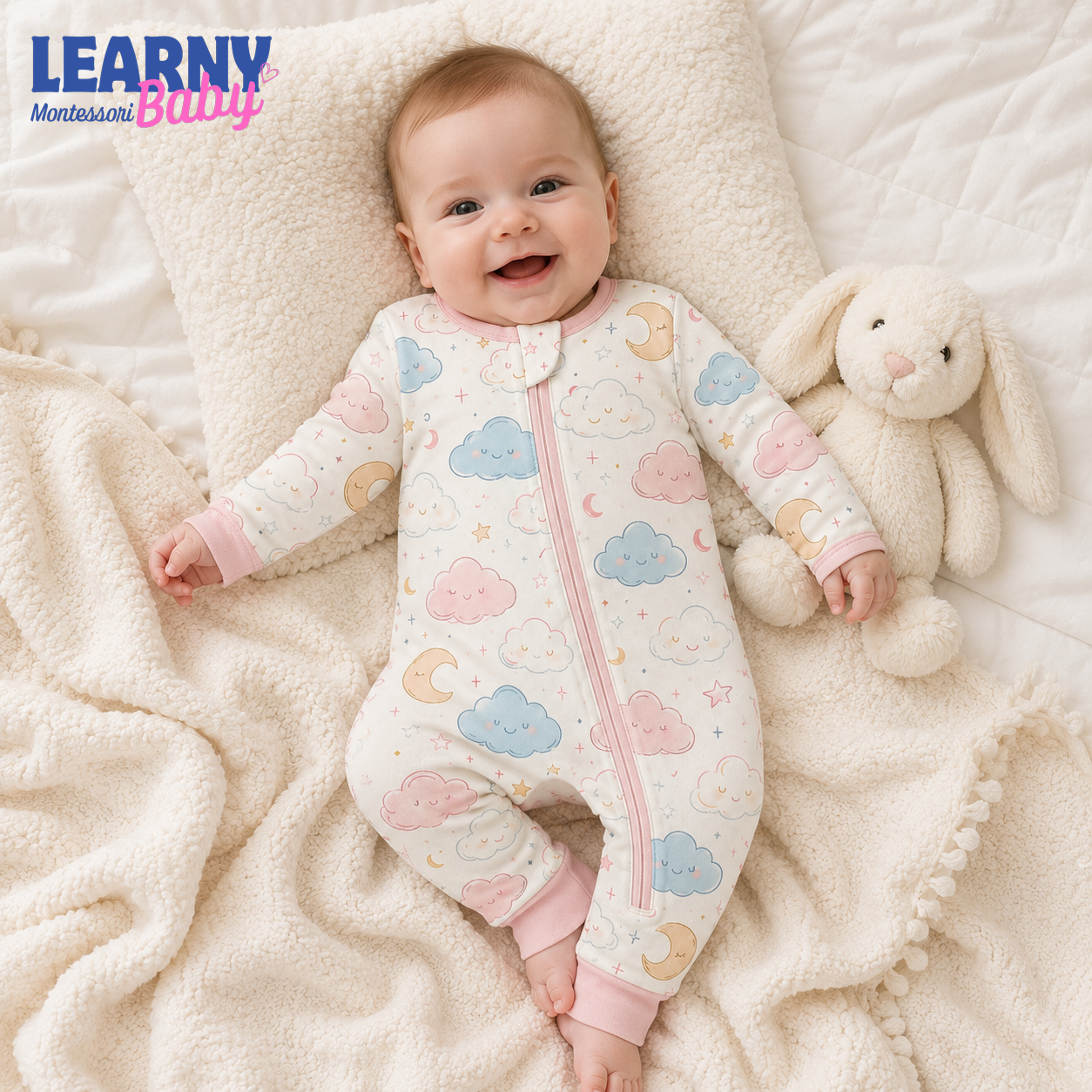 Pastel Cloud and Moon Baby Convertible Zippy Pajamas, Celestial Baby Sleeper, Newborn Pajamas, Baby Sleepwear