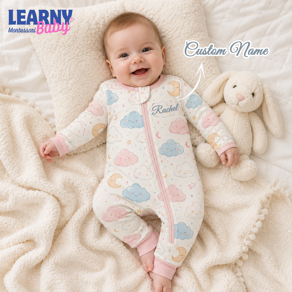 Pastel Cloud and Moon Baby Convertible Zippy Pajamas, Celestial Baby Sleeper, Newborn Pajamas, Baby Sleepwear