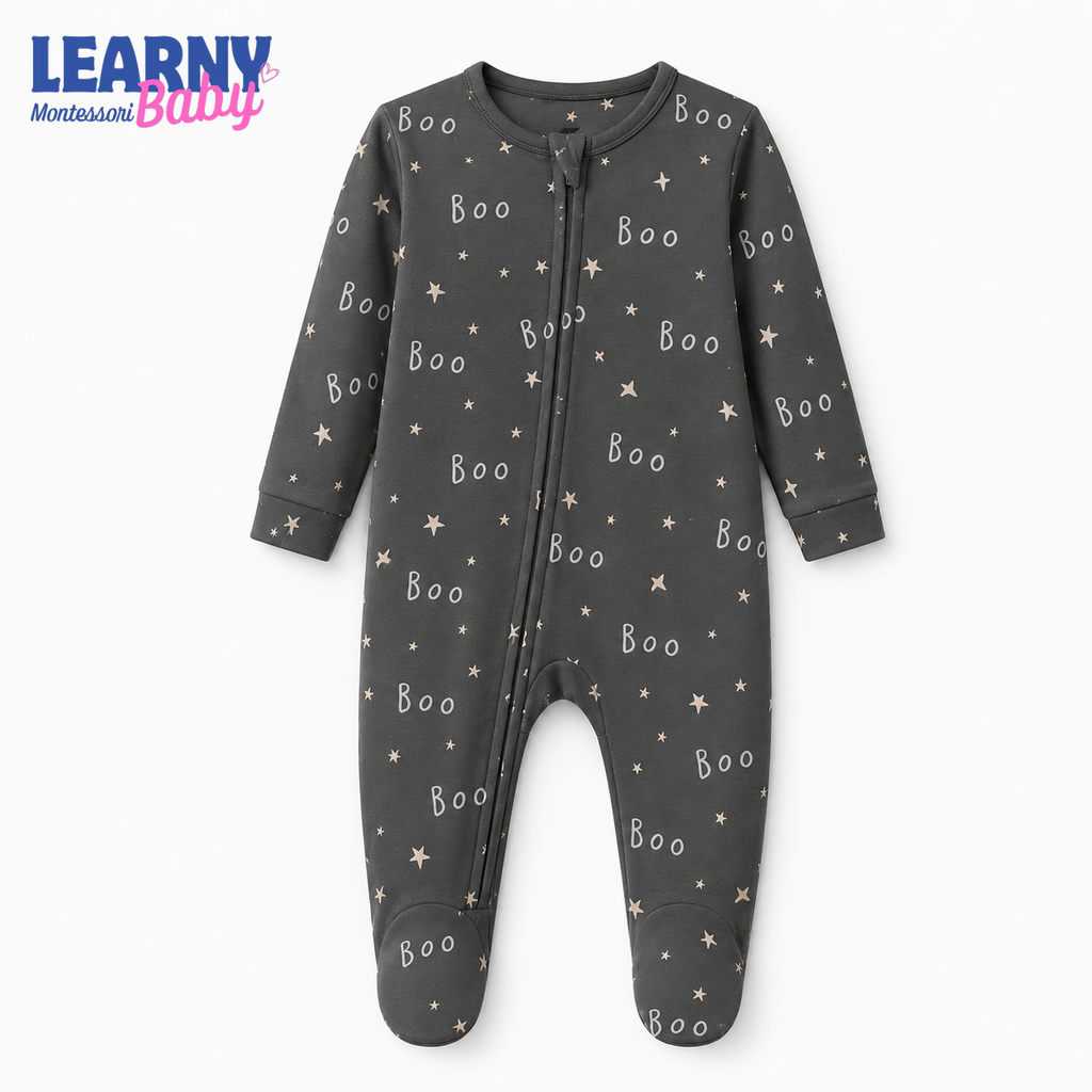 Black Boo Bamboo Baby Footie Zippy, Halloween Star Baby Pajamas, Neutral Spooky Newborn Sleeper Gift