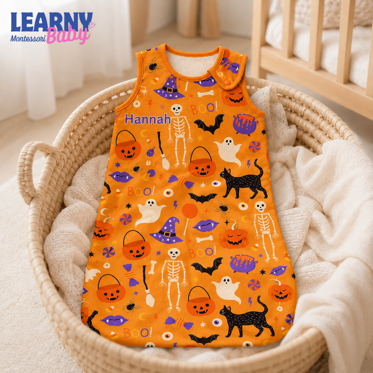 Personalized Orange Halloween Bamboo Sleep Bag, Custom Name Pumpkin Skeleton Cat Baby Wearable Blanket, Halloween Sleep Sack