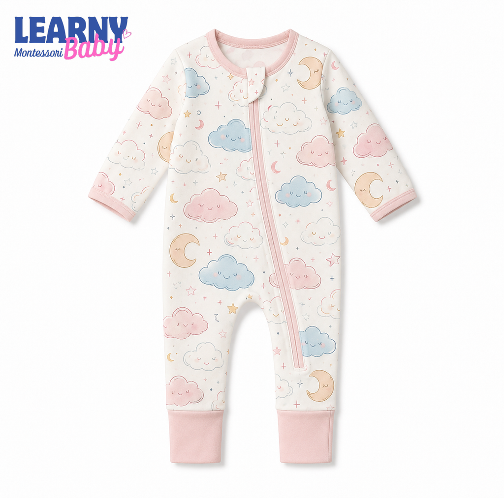 Pastel Cloud and Moon Baby Convertible Zippy Pajamas, Celestial Baby Sleeper, Newborn Pajamas, Baby Sleepwear