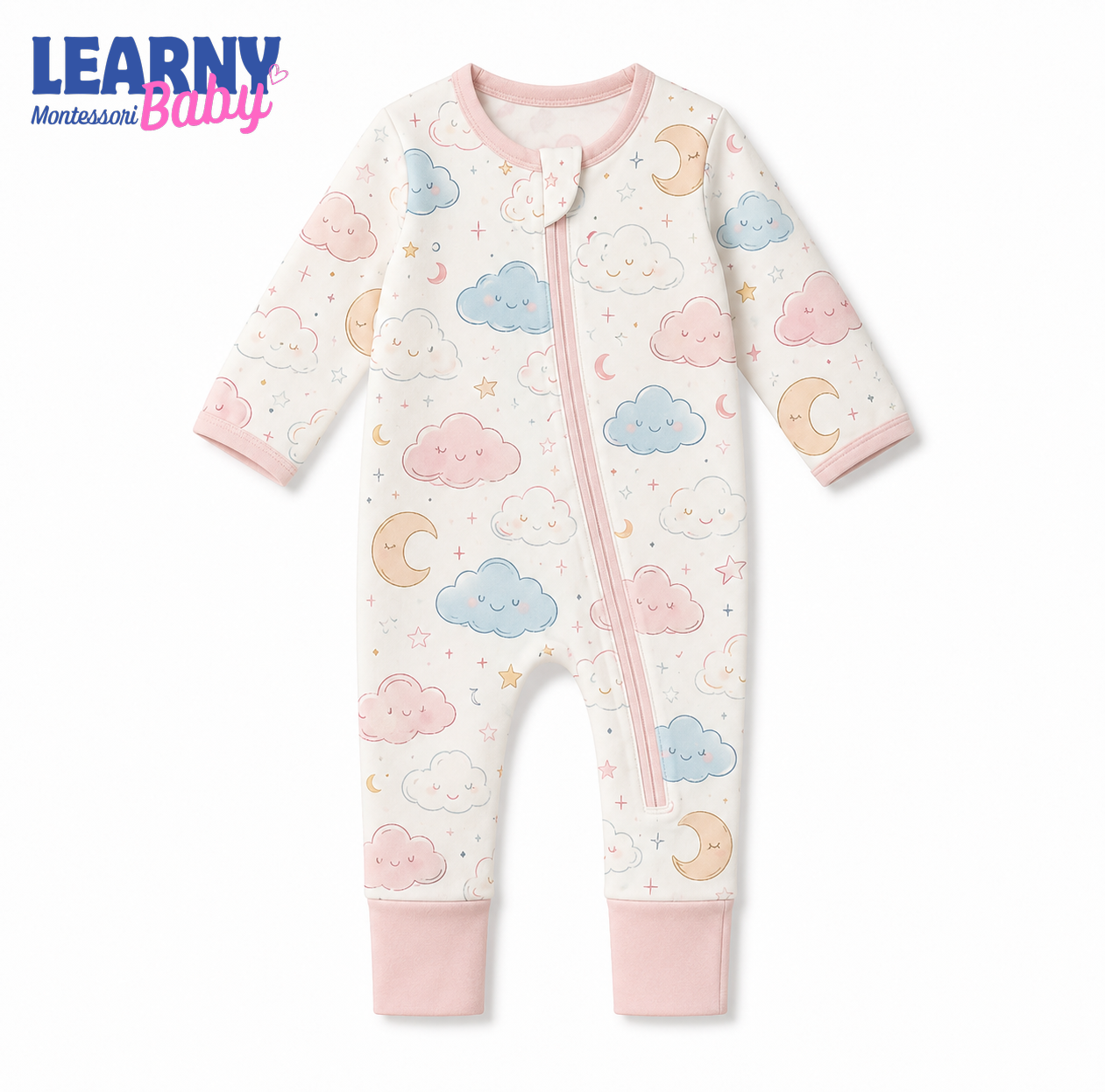 Pastel Cloud and Moon Baby Convertible Zippy Pajamas, Celestial Baby Sleeper, Newborn Pajamas, Baby Sleepwear
