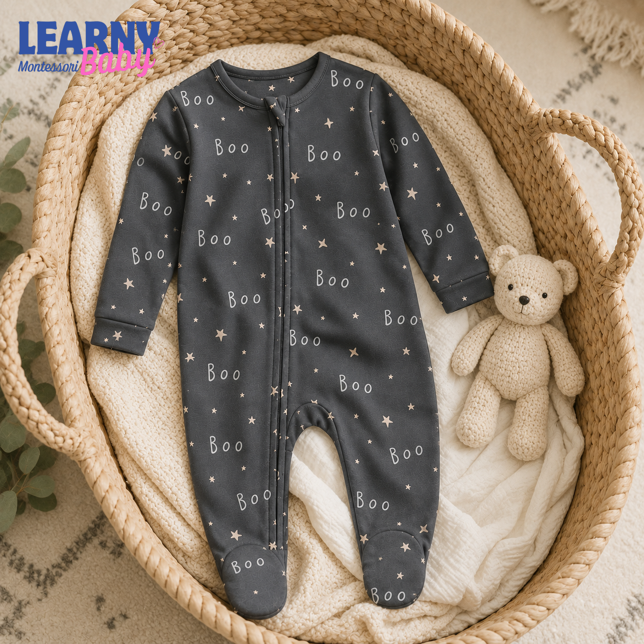 Black Boo Bamboo Baby Footie Zippy, Halloween Star Baby Pajamas, Neutral Spooky Newborn Sleeper Gift