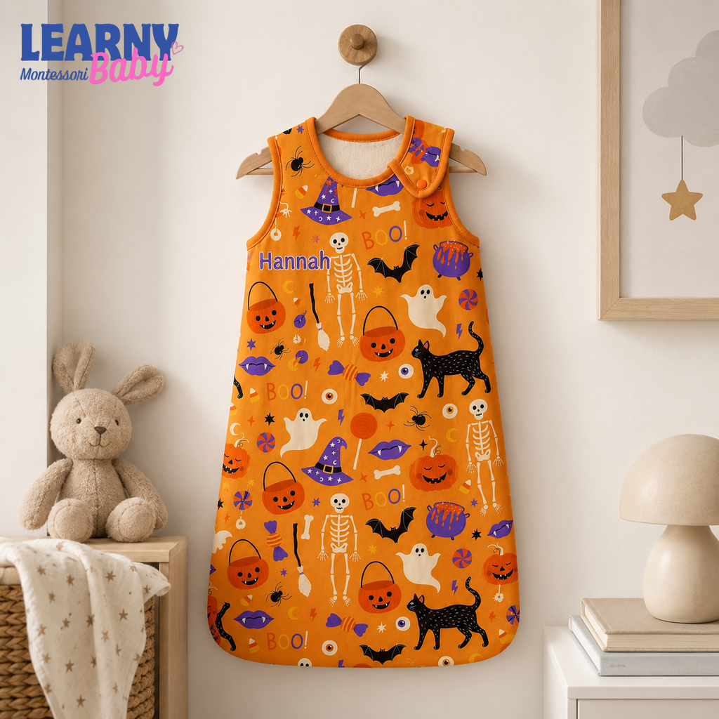 Personalized Orange Halloween Bamboo Sleep Bag, Custom Name Pumpkin Skeleton Cat Baby Wearable Blanket, Halloween Sleep Sack