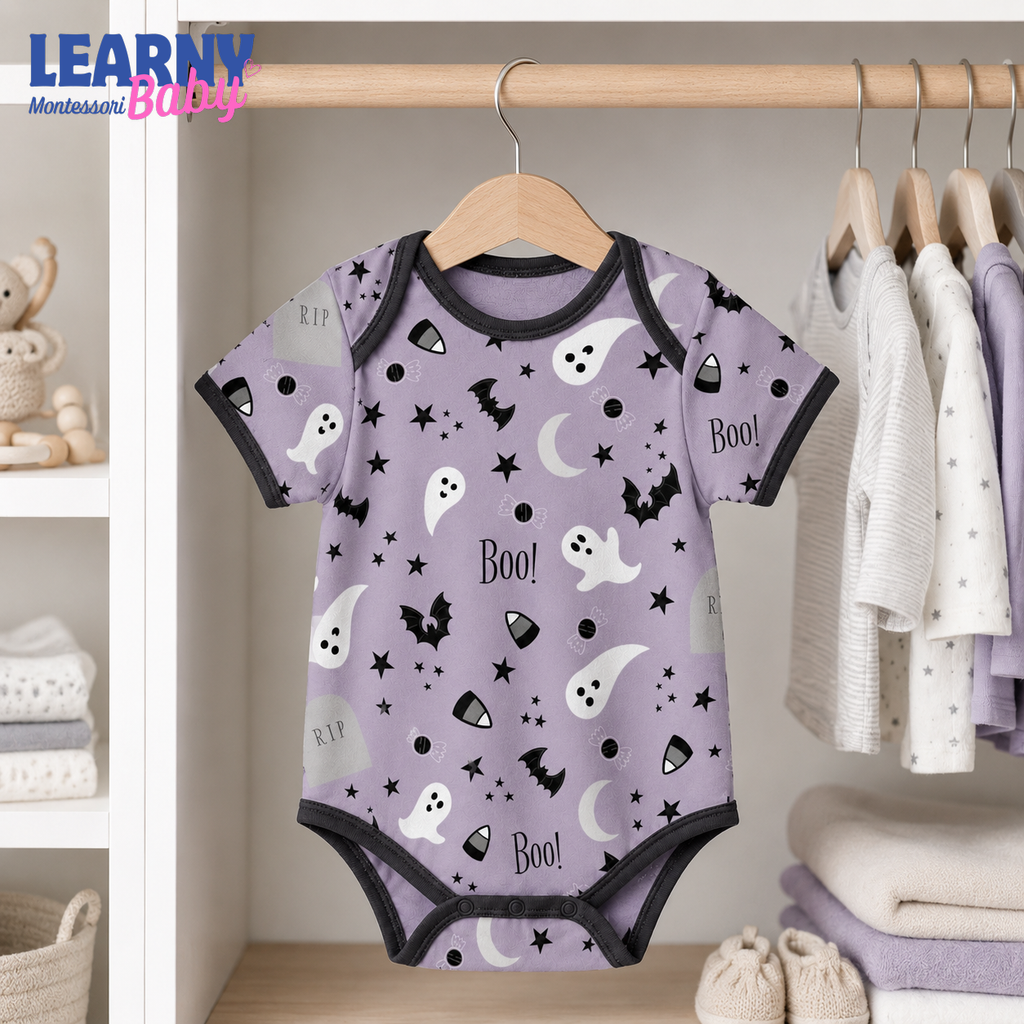 Baby’s First Halloween Purple Boo Baby Bodysuit – Ghost and Bat Infant Outfit