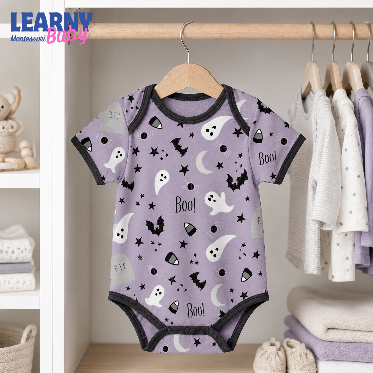 Baby’s First Halloween Purple Boo Baby Bodysuit – Ghost and Bat Infant Outfit