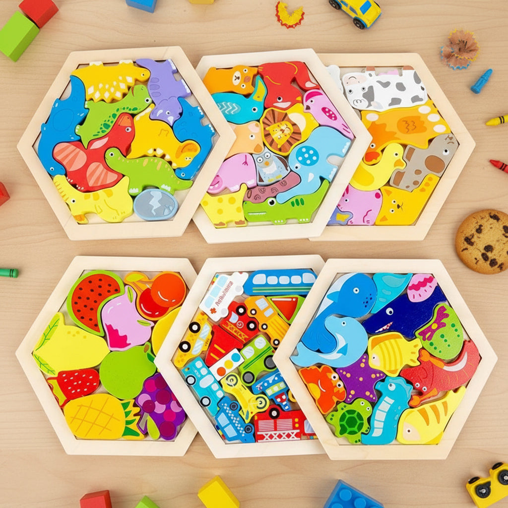 Wooden Hexagon Puzzle Toy for Kids – Montessori Educational Shape Puzzle for Brain Development