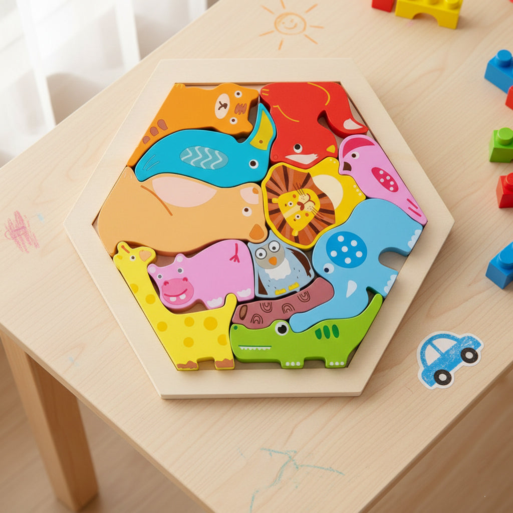 Wooden Hexagon Puzzle Toy for Kids – Montessori Educational Shape Puzzle for Brain Development